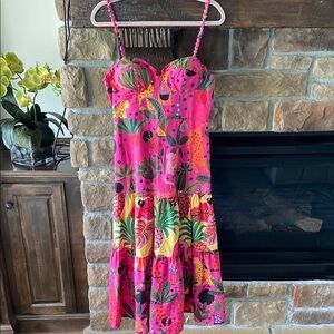FARM Rio Pink and Green Tropical Midi Dress